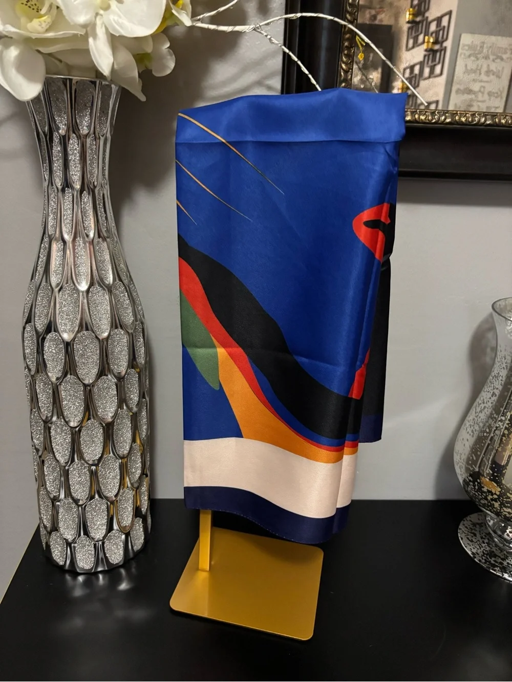 Blue Abstract Multicolor Silk-Feel Home Accent Scarf